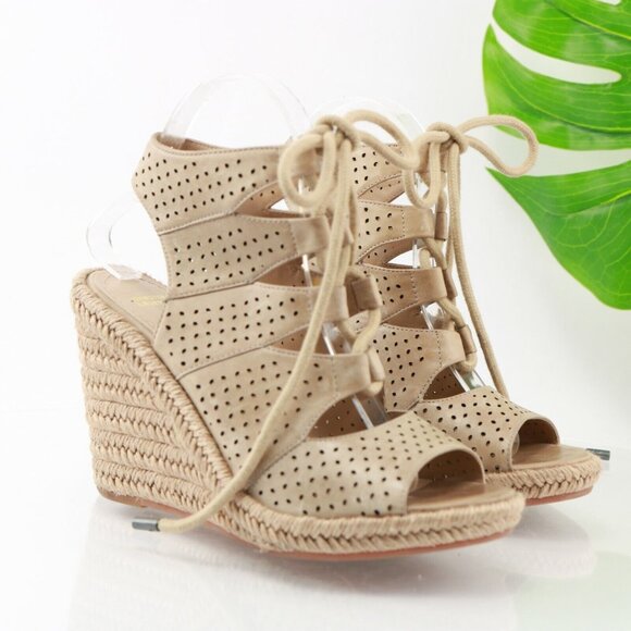 Johnston Murphy Womens Mandy Sandal Size 8.5 Tan Espadrille Lace Up Wedge Heel - Picture 1 of 11